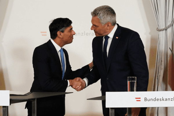 Prime Minister Rishi Sunak meets with the chancellor of Austria, Karl Nehammer, at the Federal Chancellery in Ballhausplatz, Vienna, Austra, on May 21, 2024. (Jordan Pettitt/PA Wire)