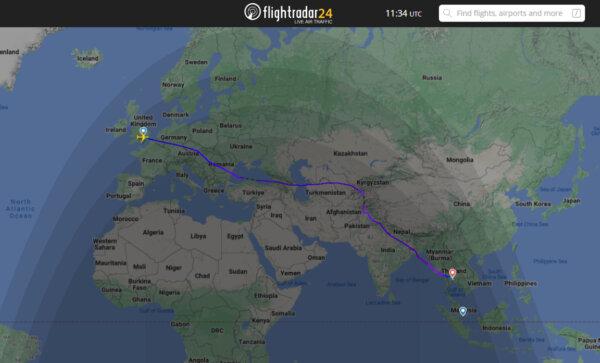 Screen grab of the flightpath of Singapore Airlines flight SQ321 from London Heathrow to Singapore, which was diverted to Bangkok, Thailand, on May 21, 2024. (Flightradar24.com/PA)