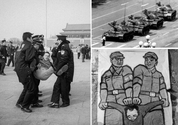 (Left) Chinese police tackle and arrest Falun Gong adherents on Tiananmen Square in Beijing on Feb. 14, 2002. (Top Right) A man blocks a line of tanks heading east on Beijing’s Avenue of Eternal Peace during the Tiananmen Square massacre on June 5, 1989. (Bottom Right) A poster depicts how to deal with the "enemy of the people" during the Cultural Revolution, in Beijing in late 1966. (Frederic Brown/AFP via Getty Images, Jeff Widener/AP Photo, Jean Vincent/AFP via Getty Images)
