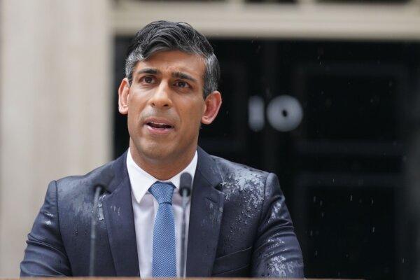 Prime Minister Rishi Sunak issues a statement outside 10 Downing Street, London, on May 22, 2024. (Stefan Rousseau/PA)
