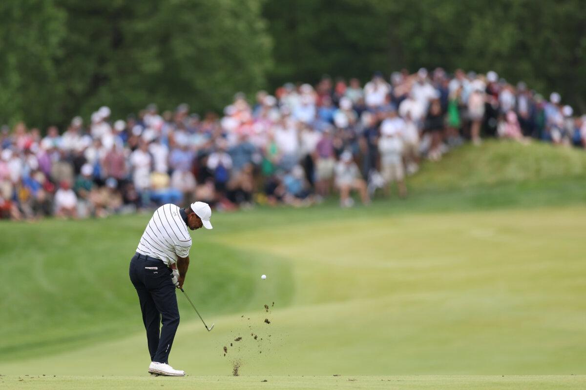 Tiger Woods of the United States plays a second shot on the fifth hole during the second round of the 2024 PGA Championship at Valhalla Golf Club in Louisville, Kentucky, on May 17, 2024. (Christian Petersen/Getty Images)