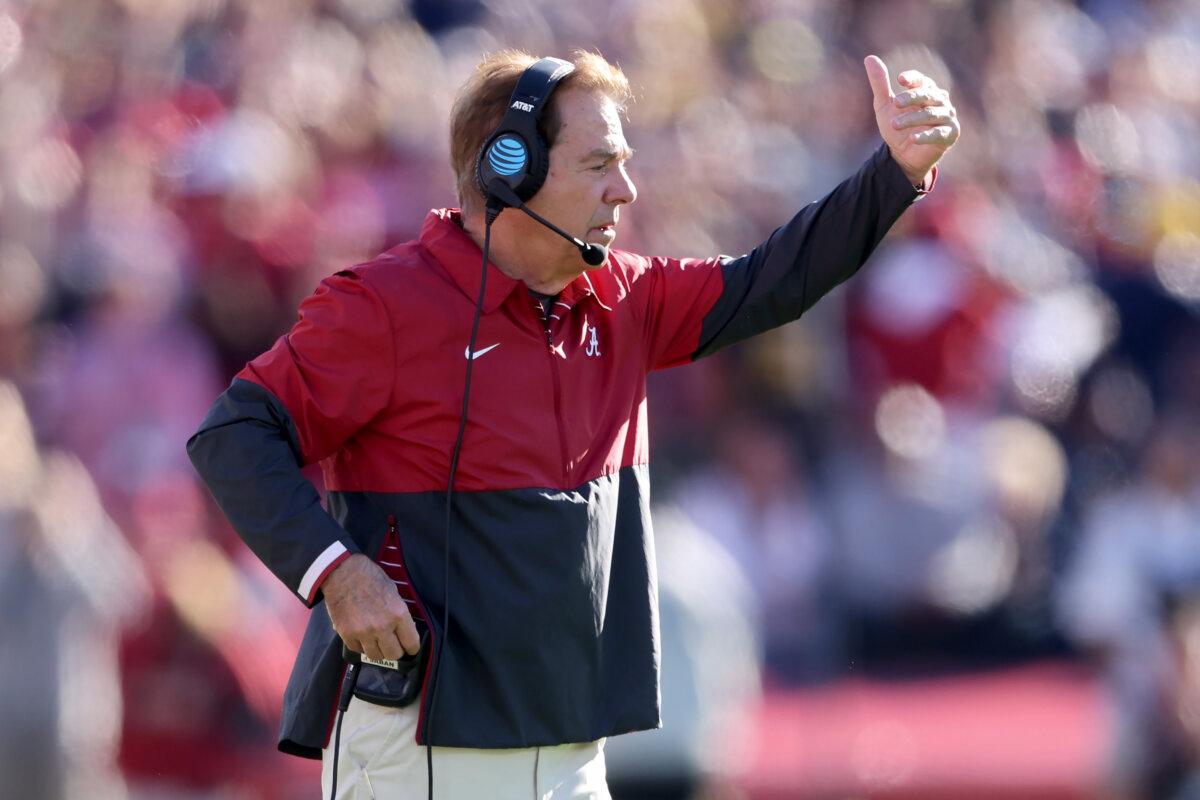 Head coach Nick Saban of the Alabama Crimson Tide calls out instructions in the first quarter against the Michigan Wolverines during the CFP Semifinal Rose Bowl Game at Rose Bowl Stadium in Pasadena, California on Jan. 1, 2024. (Sean Haffey/Getty Images)