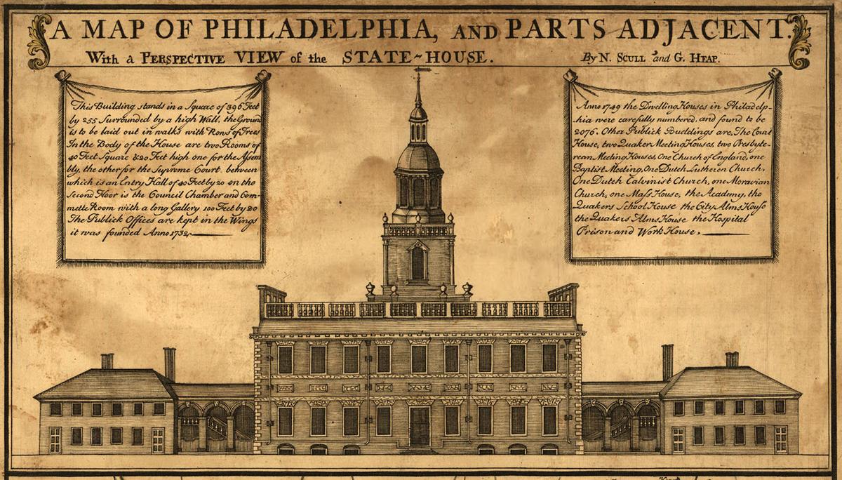 A map detailing the north elevation of the Pennsylvania State House (Independence Hall) in Philadelphia, 1762, by N. Scull and G. Heap. (Public Domain)
