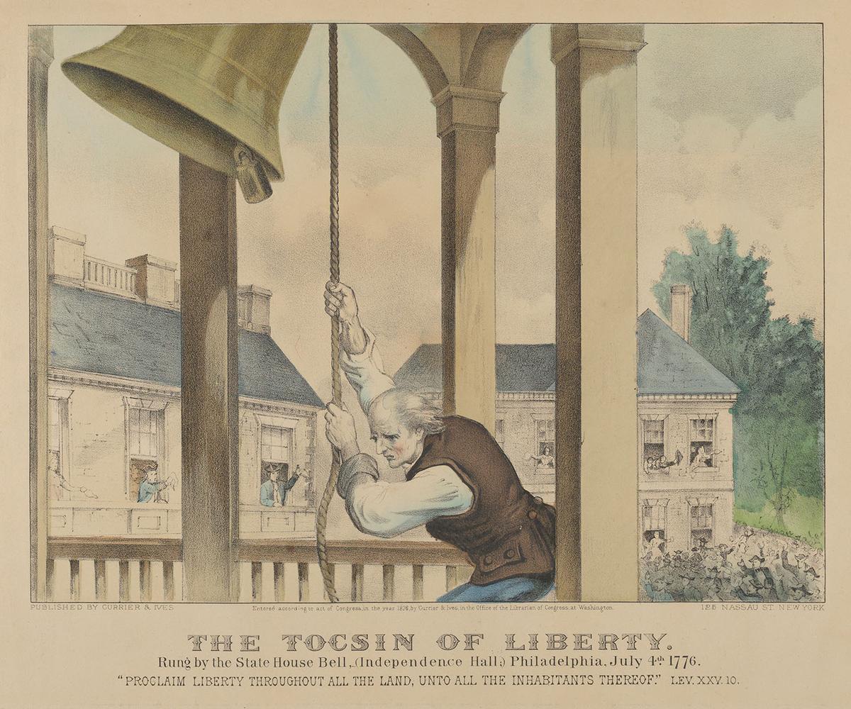 The Tocsin of Liberty–Rung by the State House Bell, (Independence Hall) Philadelphia, July 4th, 1776, "Proclaim liberty throughout all the land, unto all the inhabitants thereof," 1876, by Currier & Ives. The Metropolitan Museum of Art, New York City. (Public Domain)