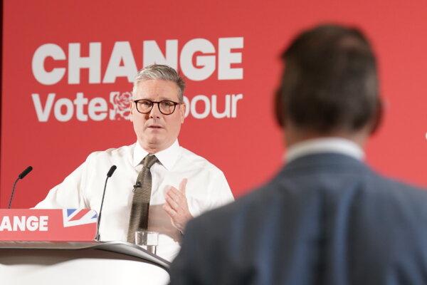 Labour Party leader Sir Keir Starmer makes his first keynote speech of the general election campaign in Lancing, West Sussex, England, on May 27, 2024. (Stefan Rousseau/PA)