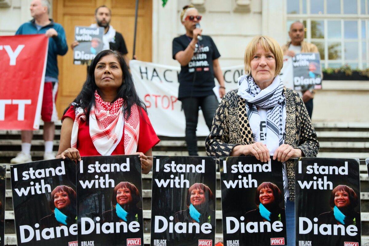 Protesters gather outside Hackney Town Hall in support of Diane Abbott in London on May 29, 2024. (Alishia Abodunde/Getty Images)