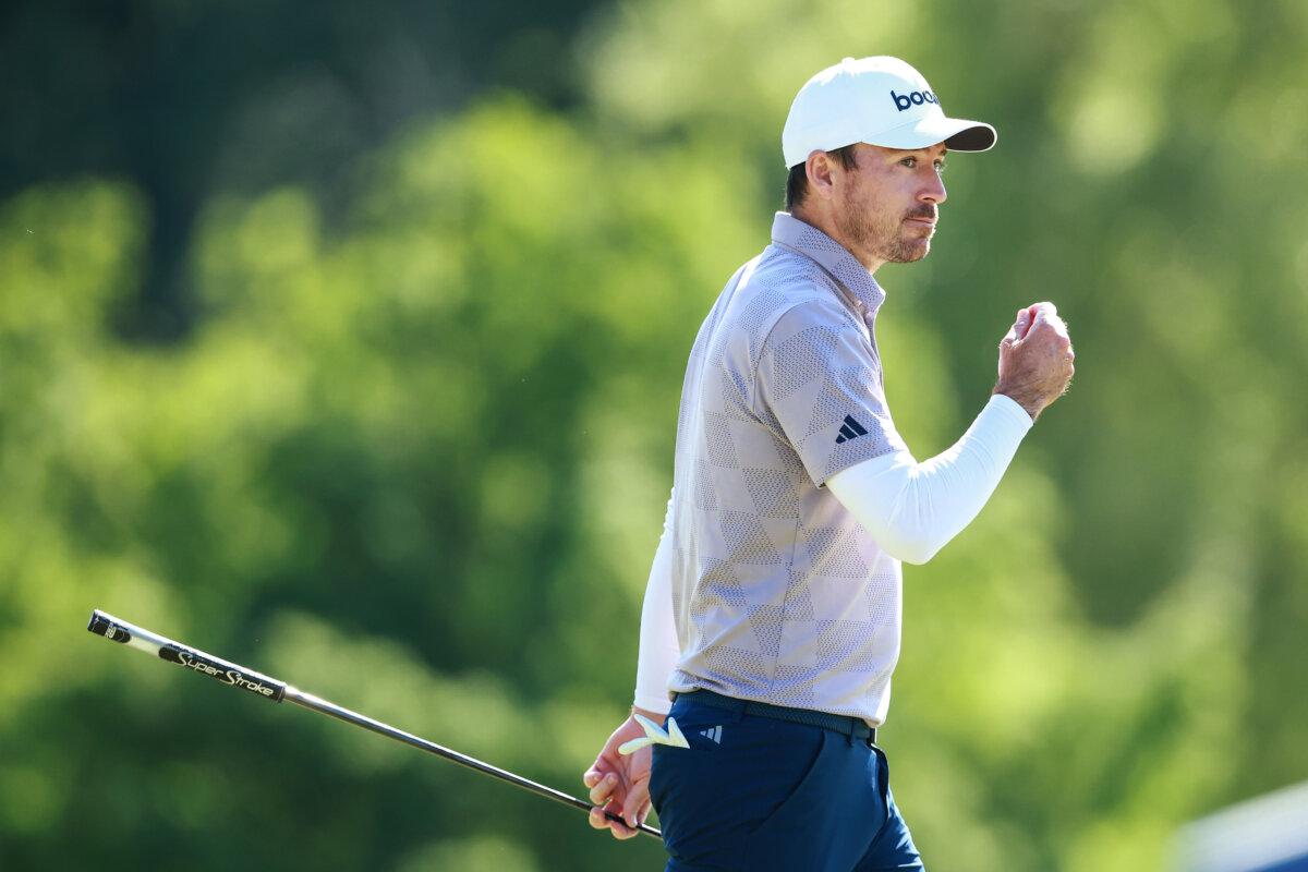 Nick Taylor of Canada reacts after playing the 16th green during the first round of the RBC Canadian Open at Hamilton Golf & Country Club in Hamilton, Ontario, on May 30, 2024. (Vaughn Ridley/Getty Images)