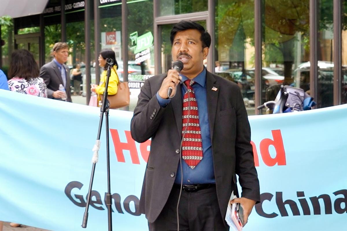 Aaron Bashir, U.S. Congress candidate for Pennsylvania's 2nd District, speaks at a rally outside the American Transplant Congress 2024 in Philadelphia on June 2, 2024. (William Huang/The Epoch Times)