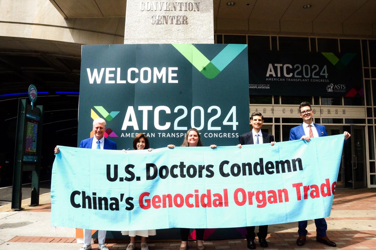 A rally was held outside the American Transplant Congress (ATC) 2024 in Philadelphia on June 2, 2024, calling for an end to forced organ harvesting in China. (Frank Liang/The Epoch Times)