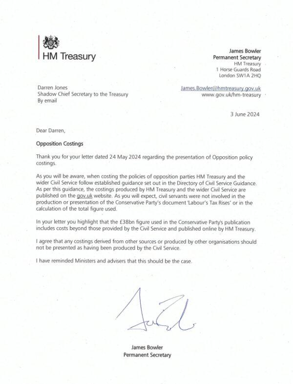 Undated image of a letter sent by Parliament Secretary James Bowler to Darren Jones, shadow chief secretary to the Treasury in London on June 3, 2024. (The Labour Party/PA)