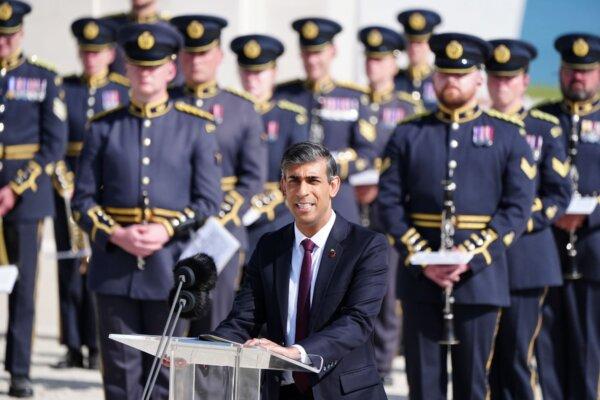 Prime Minister Rishi Sunak makes a speech during the 80th anniversary of D-Day commemorations in Ver-sur-Mer, Normandy, France, on June 6, 2024. (Jane Barlow/PA)