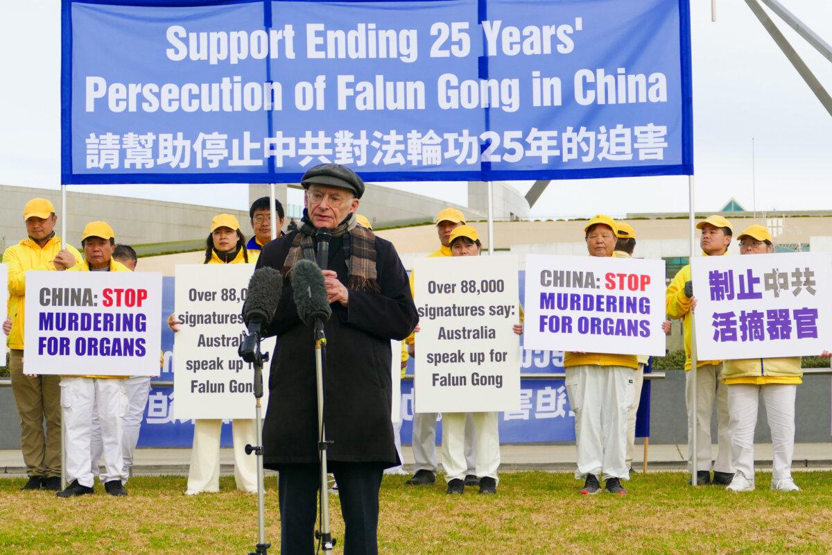 David Matas in front of the Australian Parliament in Canberra on June 4, 2024. (The Epoch Times)