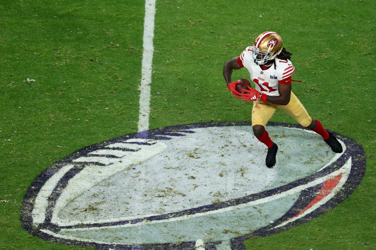 Brandon Aiyuk #11 of the San Francisco 49ers runs the ball after a catch during the fourth quarter against the Kansas City Chiefs during Super Bowl LVIII at Allegiant Stadium in Las Vegas on Feb. 11, 2024. (Michael Reaves/Getty Images)
