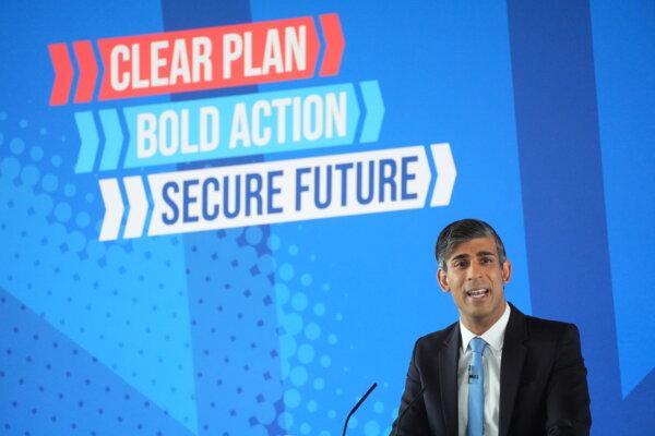Prime Minister Rishi Sunak launches the Conservative Party general election manifesto at Silverstone, England on June 11, 2024. (James Manning/PA Wire)
