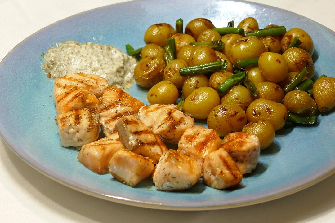 Salmon Kebabs With Dill Tartar Sauce and New Potatoes With Green Beans