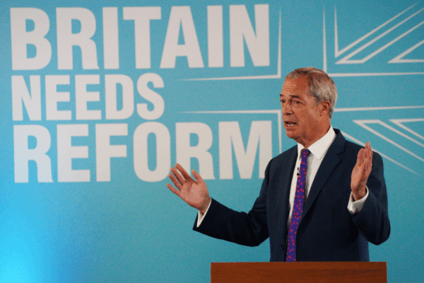 Reform UK leader Nigel Farage launches 'Our Contract with You' while on the general election campaign trail in Merthyr Tydfil, Wales, on June 17, 2024. (Ben Birchall/PA)