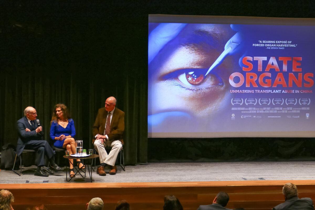 David Matas, Maria Singh, and John Deller on the expert Q&A panel after the screening of "State Organs" at NSW Parliament House, Sydney Australia on June 19, 2024. (Lorrita Liu/The Epoch Times)