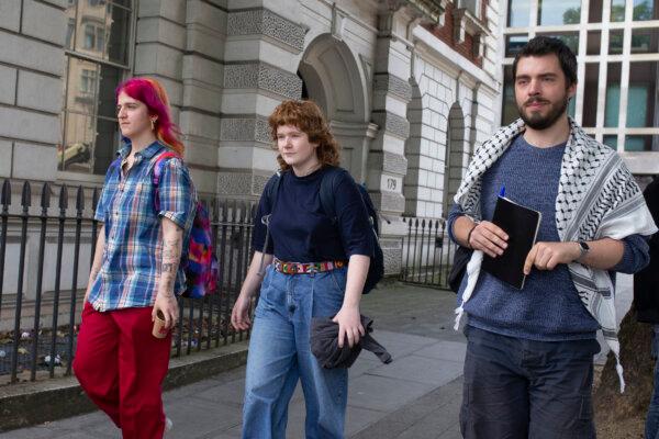 (L–R) Zosia Lewis, Leonorah Ward, and Daniel Formentin leave Westminster Magistrates' Court in central London on June 19, 2024. (Charlotte Coney/PA)
