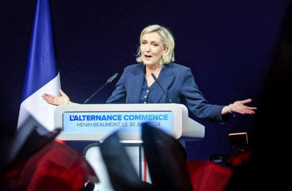 Former president of the National Rally party Marine Le Pen gives a speech during the results evening of the first round of the parliamentary elections in Henin-Beaumont, northern France, on June 30, 2024. (Francois Lo Presti/AFP via Getty Images)