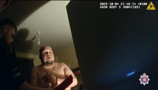 Video grab image from body-worn video footage of the arrest of Gavin Plumb in Harlow, Essex, on Oct. 4, 2023. (Essex Police/PA Wire)