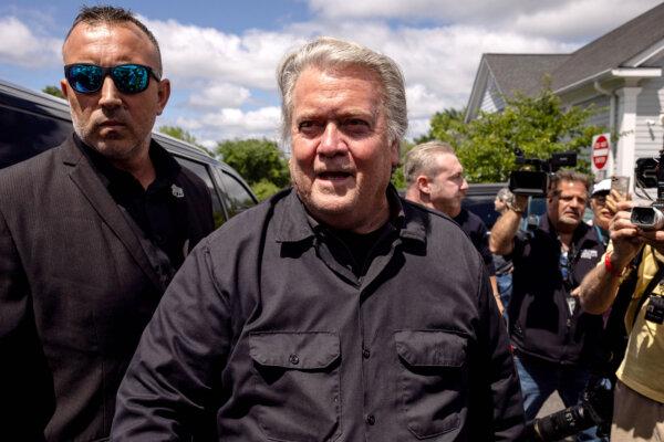 Former White House Chief Strategist Steve Bannon arrives at a press conference outside the federal correctional institution in Danbury, Con., on July 1, 2024. (Yuki Iwamura/AFP via Getty Images)