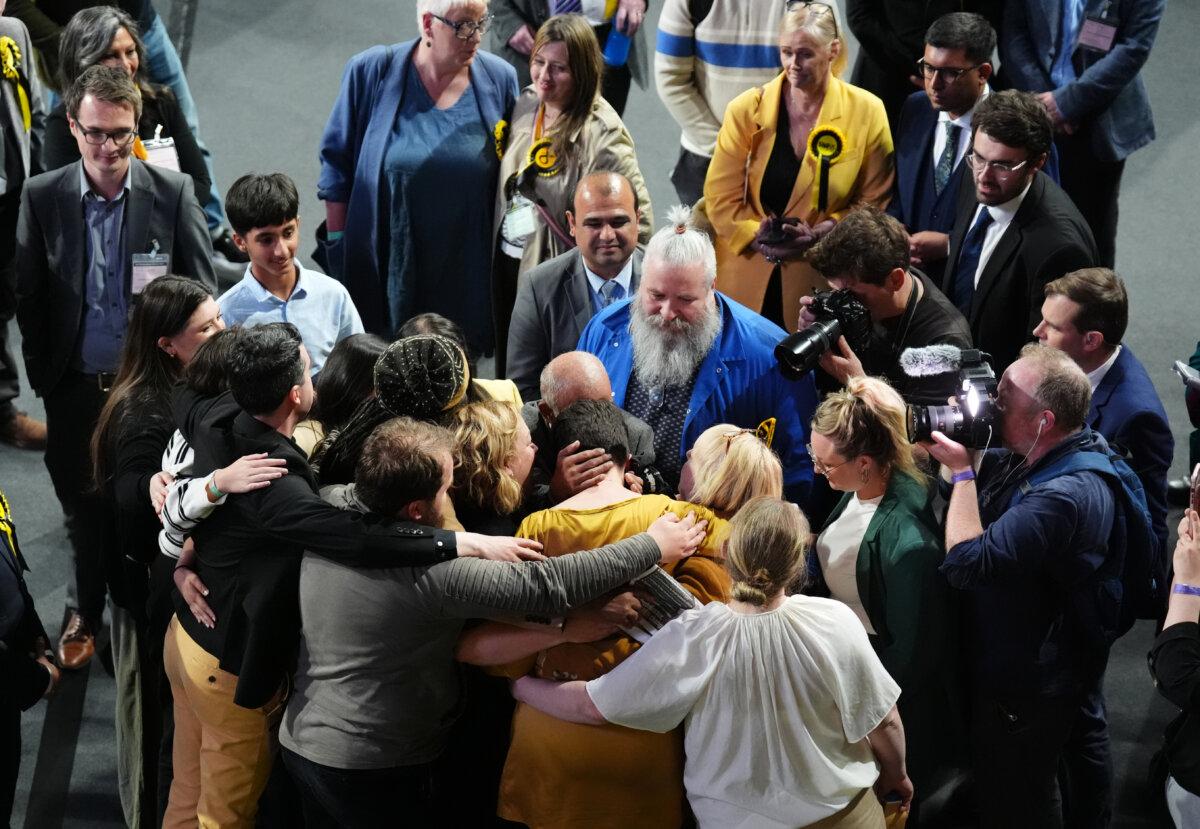 The SNP's Alison Thewliss is consoled after losing the Glasgow North seat during the 2024 general election, at Emirates Arena in Glasgow, Scotland, on July 5, 2024. (Andrew Milligan/PA Wire)
