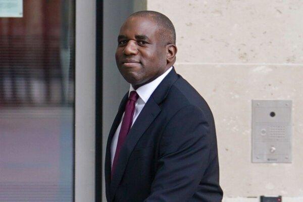 Foreign Secretary David Lammy arrives at BBC Broadcasting House to appear on the BBC One current affairs programme, 'Sunday with Laura Kuenssberg," in London, on April 7, 2024. (Jordan Pettitt/PA)