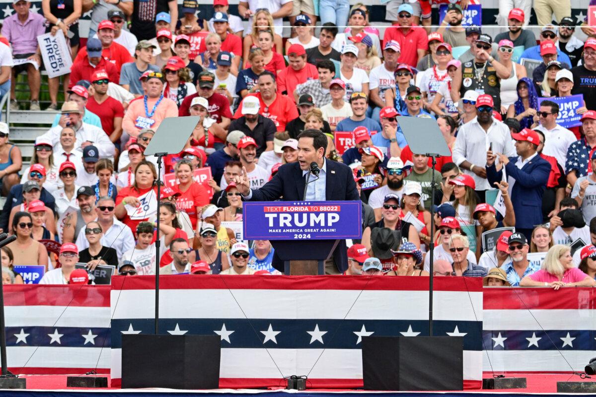 Sen. Marco Rubio (R-Fla.) speaks at a campaign rally for former President Donald Trump at the Trump National Doral Golf Club in Doral, Fla., on July 9, 2024. (Giorgio Viera/AFP via Getty Images)