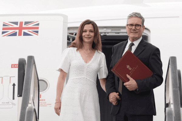 Prime Minister Sir Keir Starmer and his wife Victoria board a plane at Stansted Airport as they head to Washington to attend a NATO summit, in Essex, England, on July 9, 2024. (Stefan Rousseau/PA Wire)