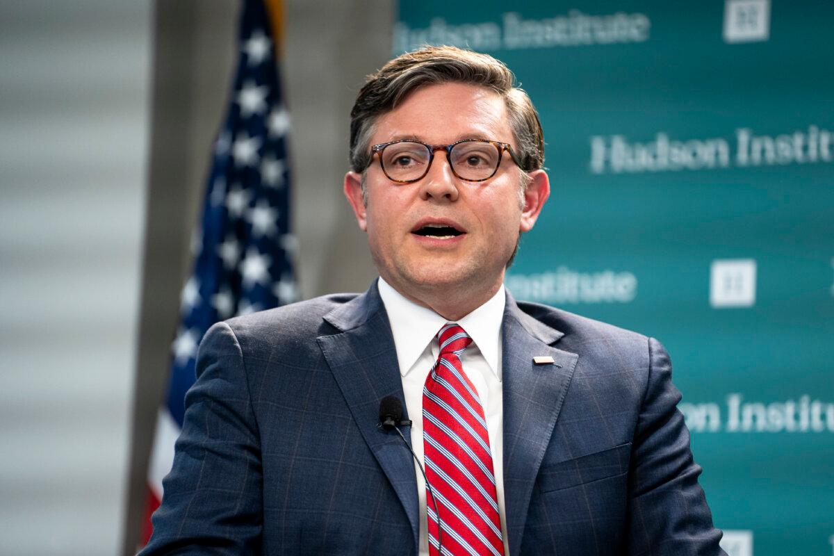 House Speaker Rep. Mike Johnson (R-La.) speaks at the Hudson Institute in Washington on July 8, 2024. (Madalina Vasiliu/The Epoch Times)