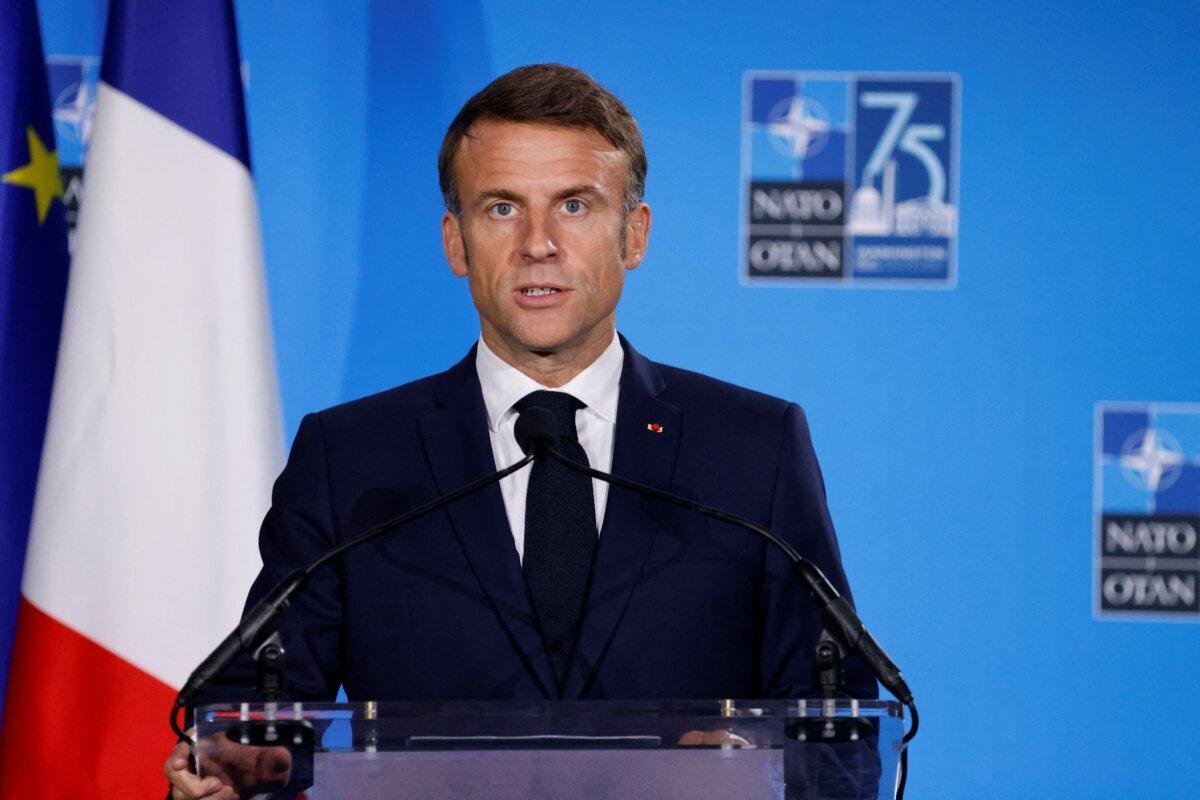 French President Emmanuel Macron holds a press conference on the sidelines of the NATO 75th anniversary summit at the Walter E. Washington Convention Center in Washington, DC, on July 11, 2024. (LUDOVIC MARIN/AFP via Getty Images)