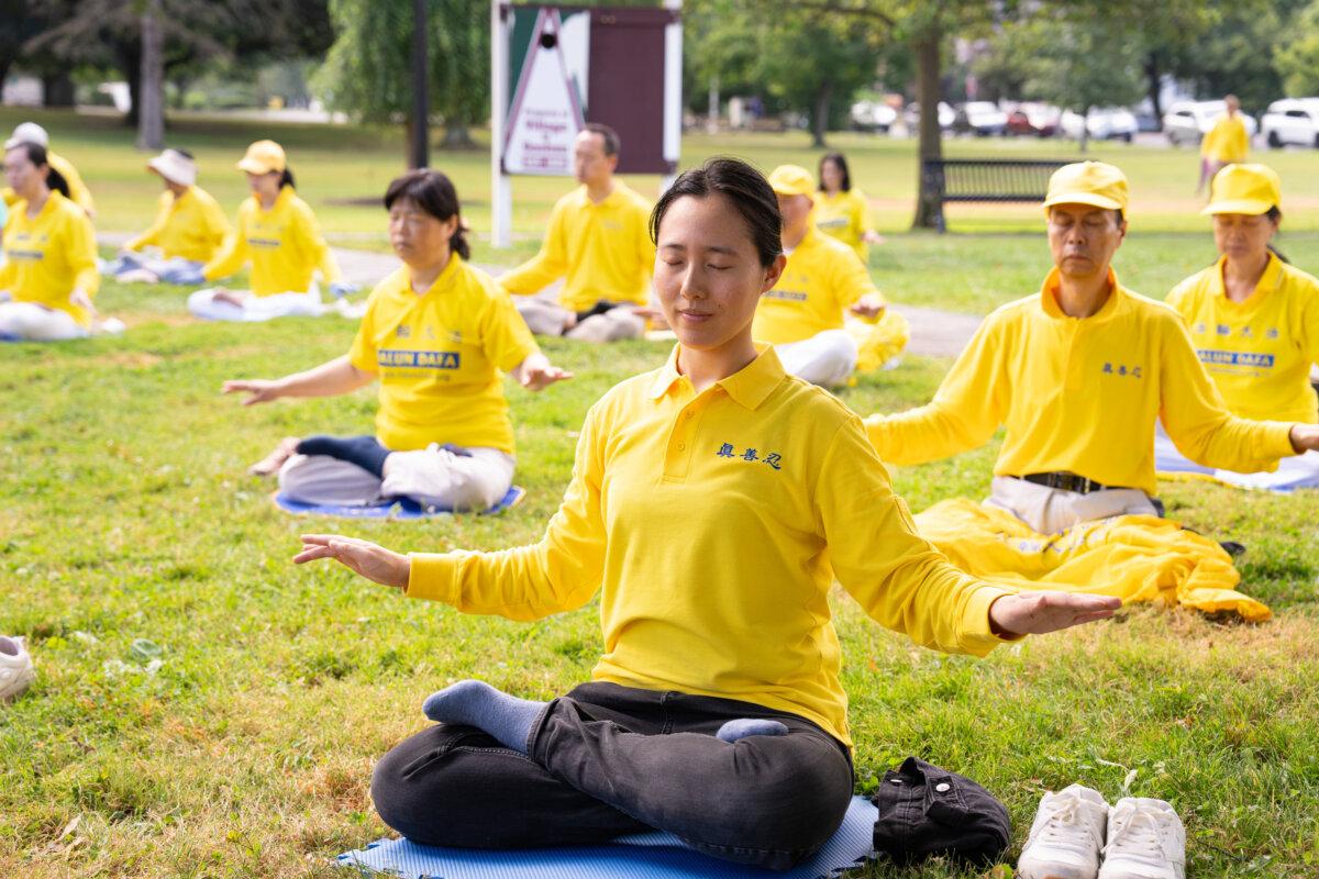 Falun Gong practitioners from different parts of Orange County meditated in Goshen, N.Y., on July 13, 2024. (Larry Dye/The Epoch Times)