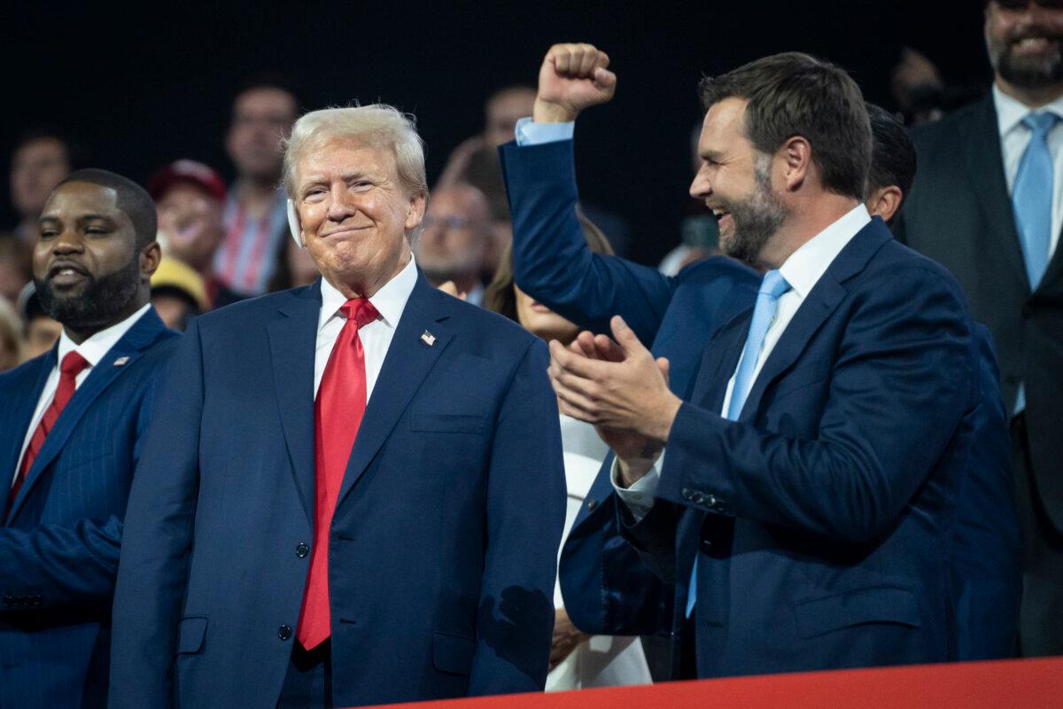 Former President Donald J. Trump and running mate Sen. J.D. Vance (R-Ohio) at the 2024 RNC in Milwaukee, Wis., on July 15, 2024. (Madalina Vasiliu/The Epoch Times)