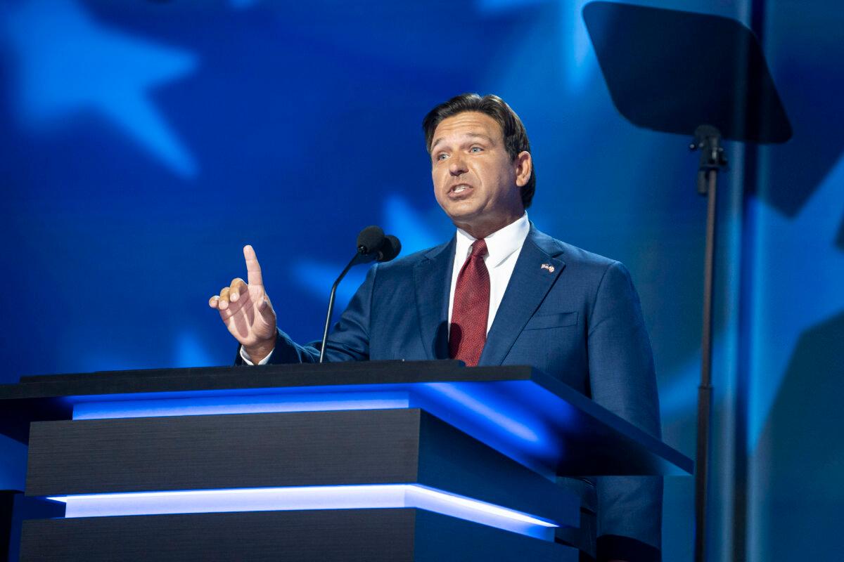 Florida Gov. Ron DeSantis speaks during the Republican National Convention (RNC) in Milwaukee, Wis., on July 16, 2024. (Madalina Vasiliu/The Epoch Times)