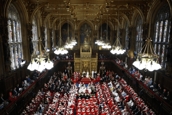 King Charles III reads the King's Speech in the House of Lords Chamber during the State Opening of Parliament in the House of Lords at the Palace of Westminster in London on July 17, 2024. (Henry Nicholls/PA Wire)