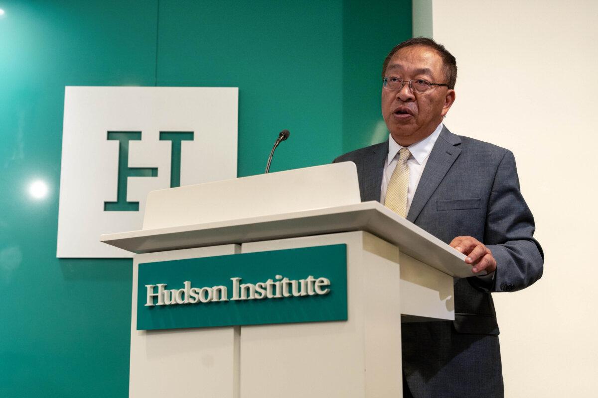 Miles Yu, a China policy adviser during the Trump administration, speaks at a Hudson Institute event marking the 25th year of the persecution of Falun Gong, in Washington on July 17, 2024. (Caroline Li/The Epoch Times)