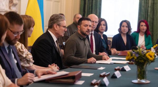 Ukrainian President Volodymyr Zelensky addresses a meeting of the UK Cabinet at No. 10 Downing Street, London on July 19, 2024. (Richard Pohle/The Times/PA)