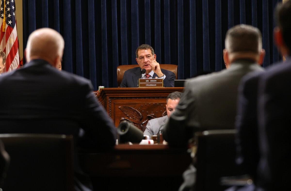 Rep. Mark Green (R-Tenn.) questions Colonel Christopher L. Paris Commissioner of the Pennsylvania State Police and Patrick Yoes, National President of the Fraternal Order of Police, during the House Committee on Homeland Security hearing at Capitol on July 23, 2024. (Justin Sullivan/Getty Images)