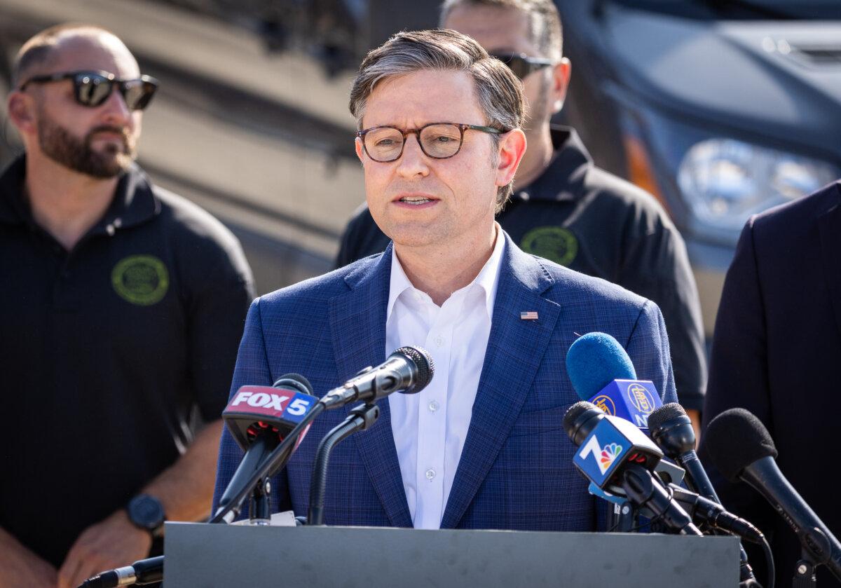 US House Speaker Mike Johnson tours the United States border wall in San Ysidro, Calif., on July 25, 2024. (John Fredricks/The Epoch Times)