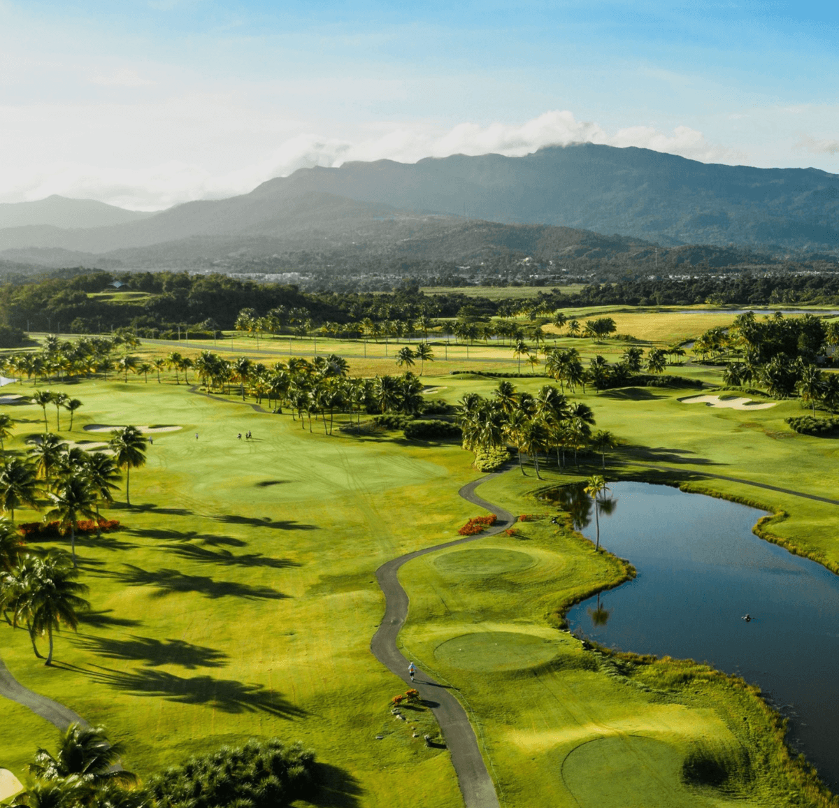 The immaculate Grand Reserve Golf Course features seashore paspalum grass, white silica sand bunkers, and water hazards. (Courtesy Hyatt Regency Grand Reserve)