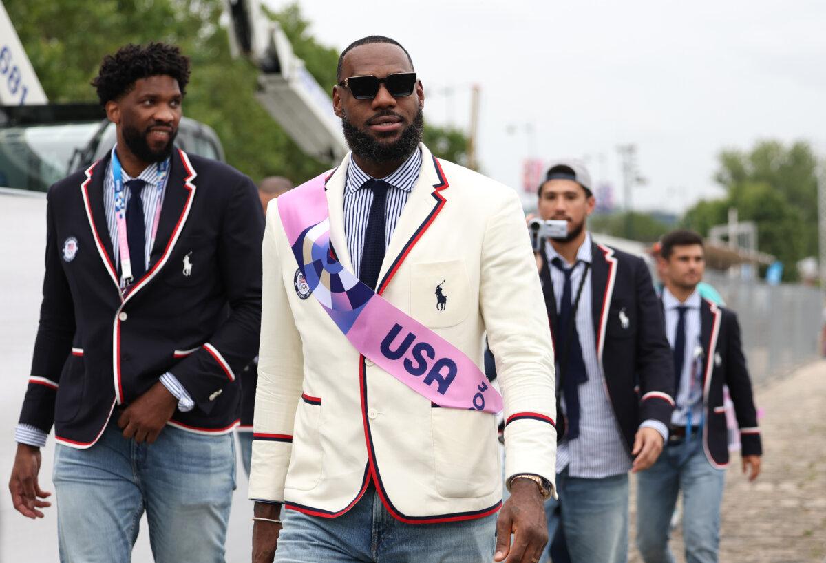Lebron James, Flagbearer of Team United States, looks on prior to the opening ceremony of the Olympic Games Paris 2024 in Paris on July 26, 2024. (Quinn Rooney/Getty Images)