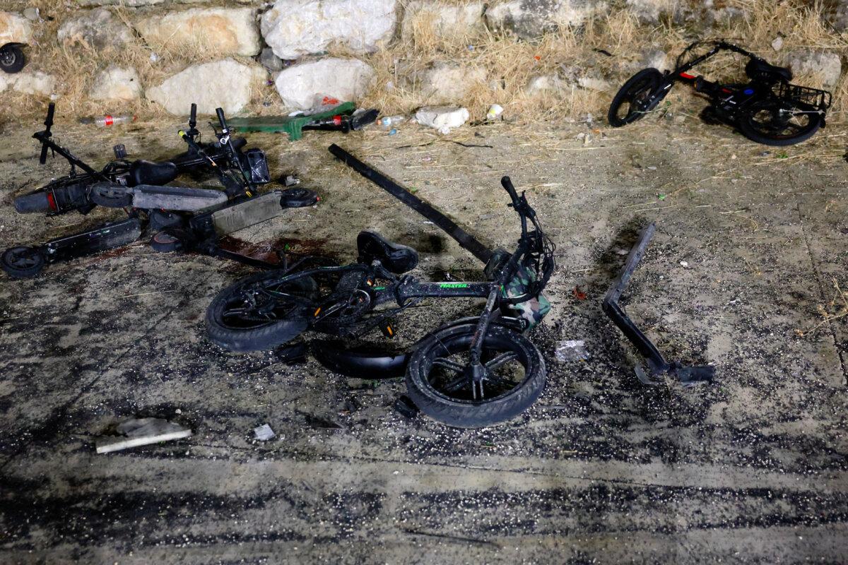 Damaged bikes after rockets were launched across Lebanon's border into Israel and, according to Israel's ambulance services, killed people at a soccer field in Majdal Shams, a Druze village in the Israeli-occupied Golan Heights, on July 27, 2024. (Ammar Awad/Reuters)