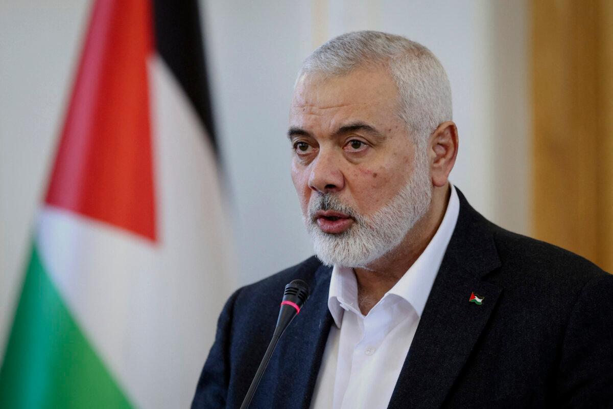 The Hamas terrorist group's top leader, Ismail Haniyeh, speaks during a news conference in Tehran, Iran, on March 26, 2024. (Majid Asgaripour/WANA via Reuters)