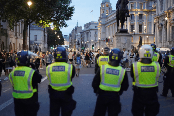 Police officers with people attending the 'Enough is Enough' protest in Westminster, London on July 31, 2024 (Jordan Pettitt/PA)