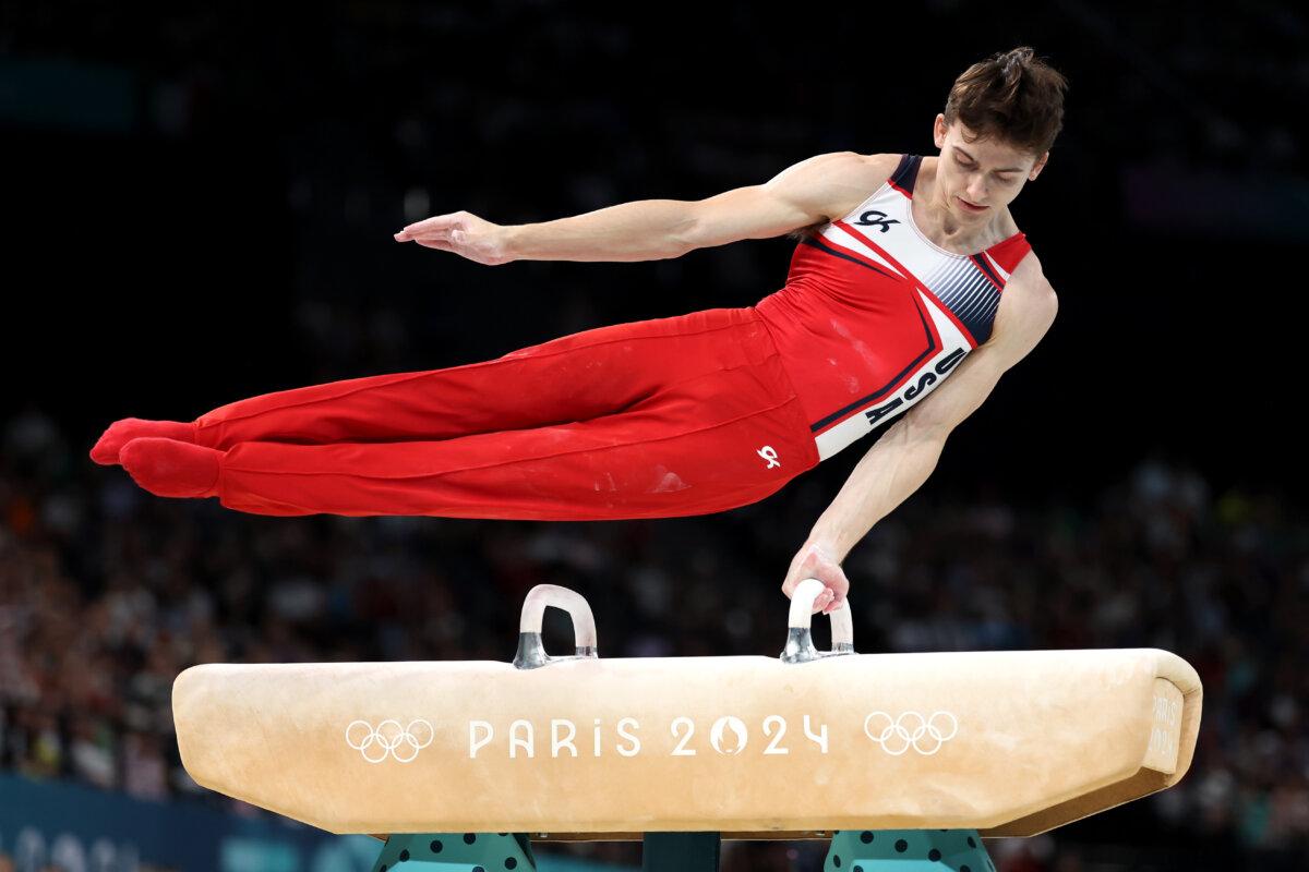 Stephen Nedoroscik of Team United States competes during the Artistic Gymnastics Men's Pommel Horse Final on day eight of the Olympic Games Paris 2024 at Bercy Arena in Paris on August 3, 2024. (Julian Finney/Getty Images)