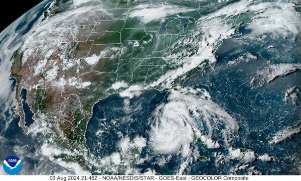 Satellite image of Tropical Storm Debby as it makes its way into the Gulf of Mexico at 5:46 p.m. ET on Aug. 3, 2024 (NOAA/NESDIS/STAR)