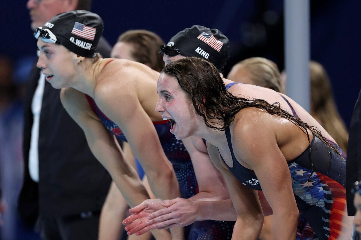 Regan Smith of Team United States reacts in the Women's 4x100m Medley Relay Final on day nine of the Olympic Games Paris 2024 at Paris La Defense Arena in Nanterre, France, on August 4, 2024. (Quinn Rooney/Getty Images)