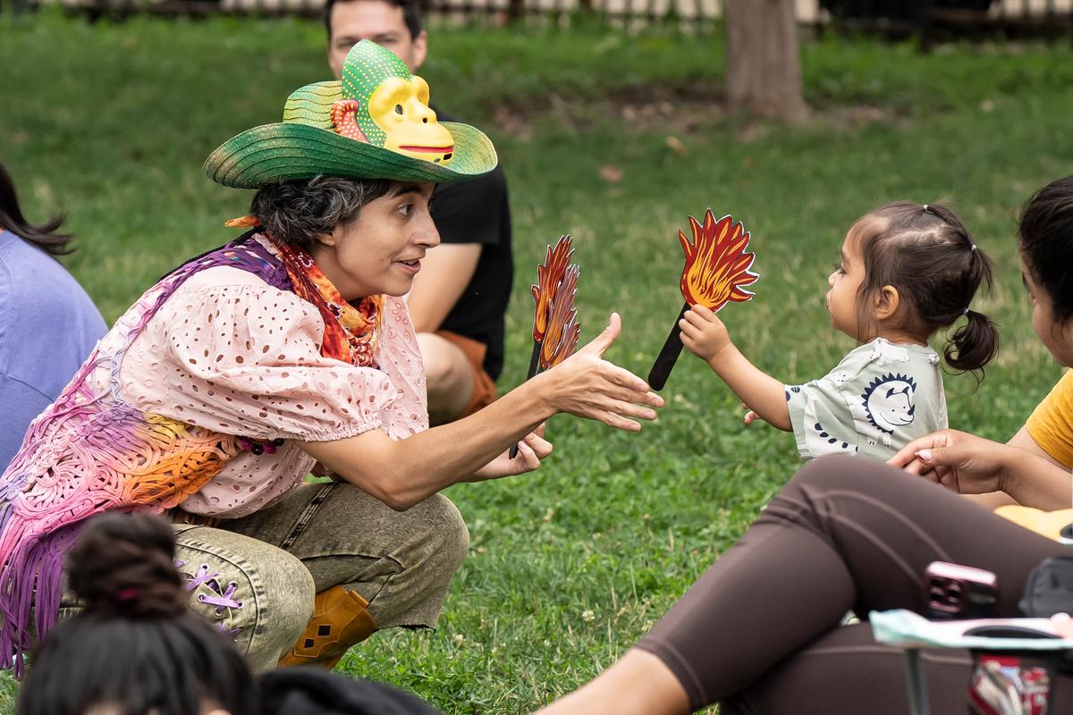 Lucia Mier y Teran Romero interacts with a member of the audience, in "The Lizard Y El Sol." (Liz Lauren)