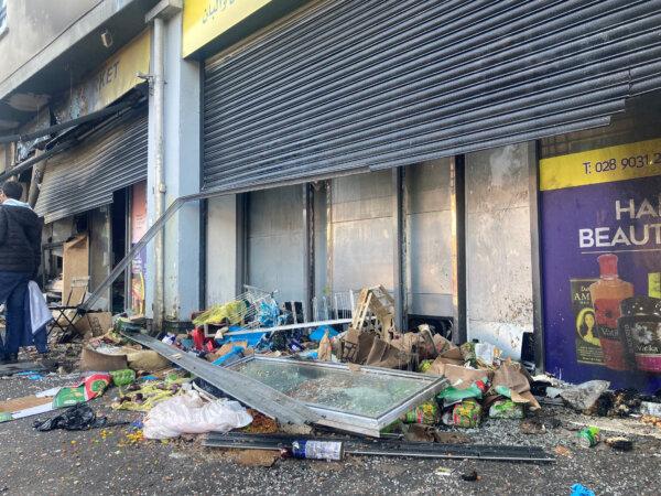 Sham Supermarket on Donegall Road in Belfast after it was burned during disorder in the area, on Aug. 6, 2024. (Rebecca Black/PA Wire)
