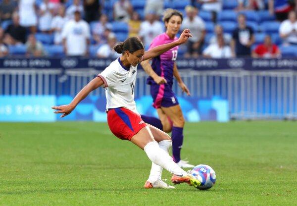 Sophia Smith (11) of Team United States shoots the ball during the Women's semifinal match between United States of America and Germany during the Olympic Games Paris 2024 in Lyon, France on Aug. 6, 2024. (Claudio Villa/AFP via Getty Images)